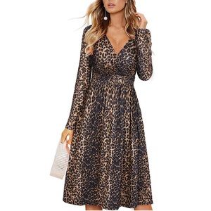 Womens long sleeve v neck wrap waist party dress with pockets in leopard print